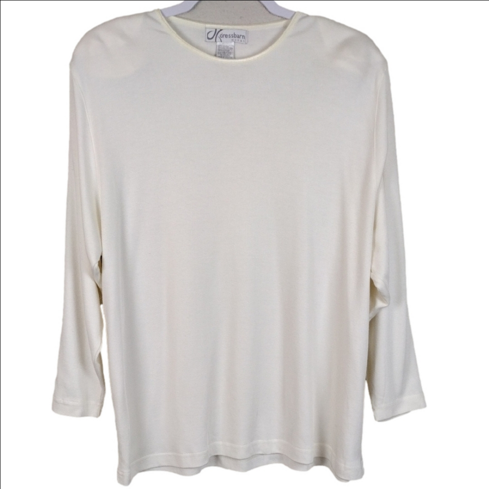 Dressbarn Woman Ivory Scoop Neckline Long Sleeve Pullover Tunic Sweater Top